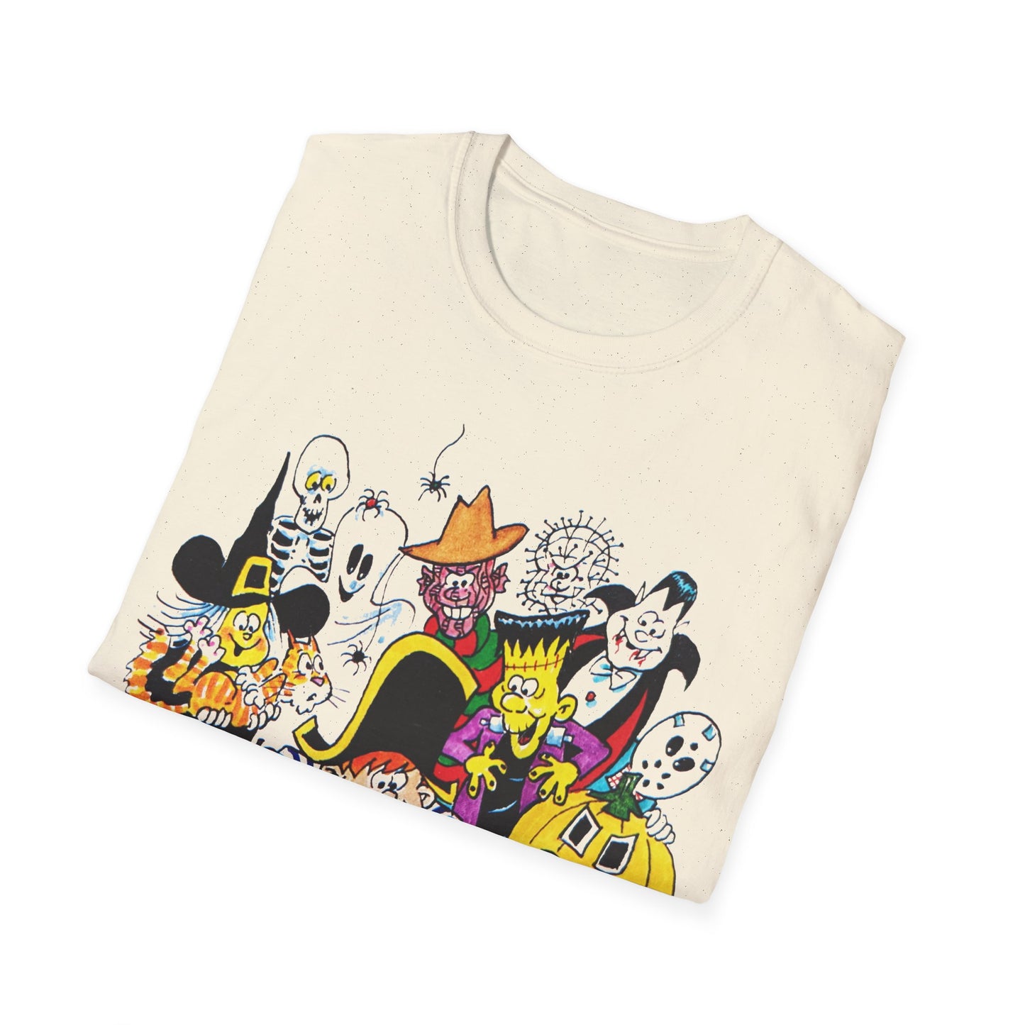 adorable cartoon witches, skeletons, jasons, freddys, and pumpkins halloween tshirt