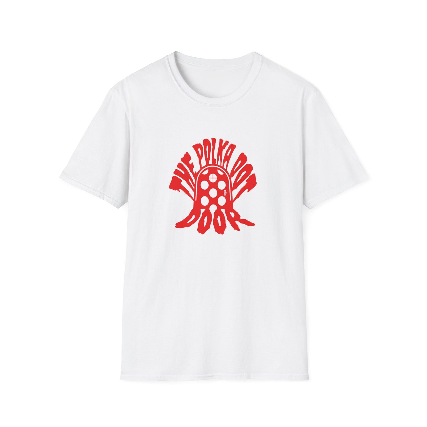 the polka dot door in red creepster font tshirt