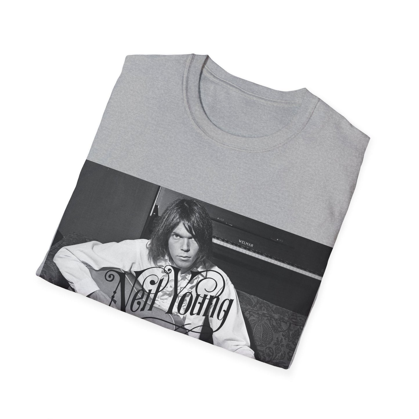 young neil young playing his acoustic guitar tshirt