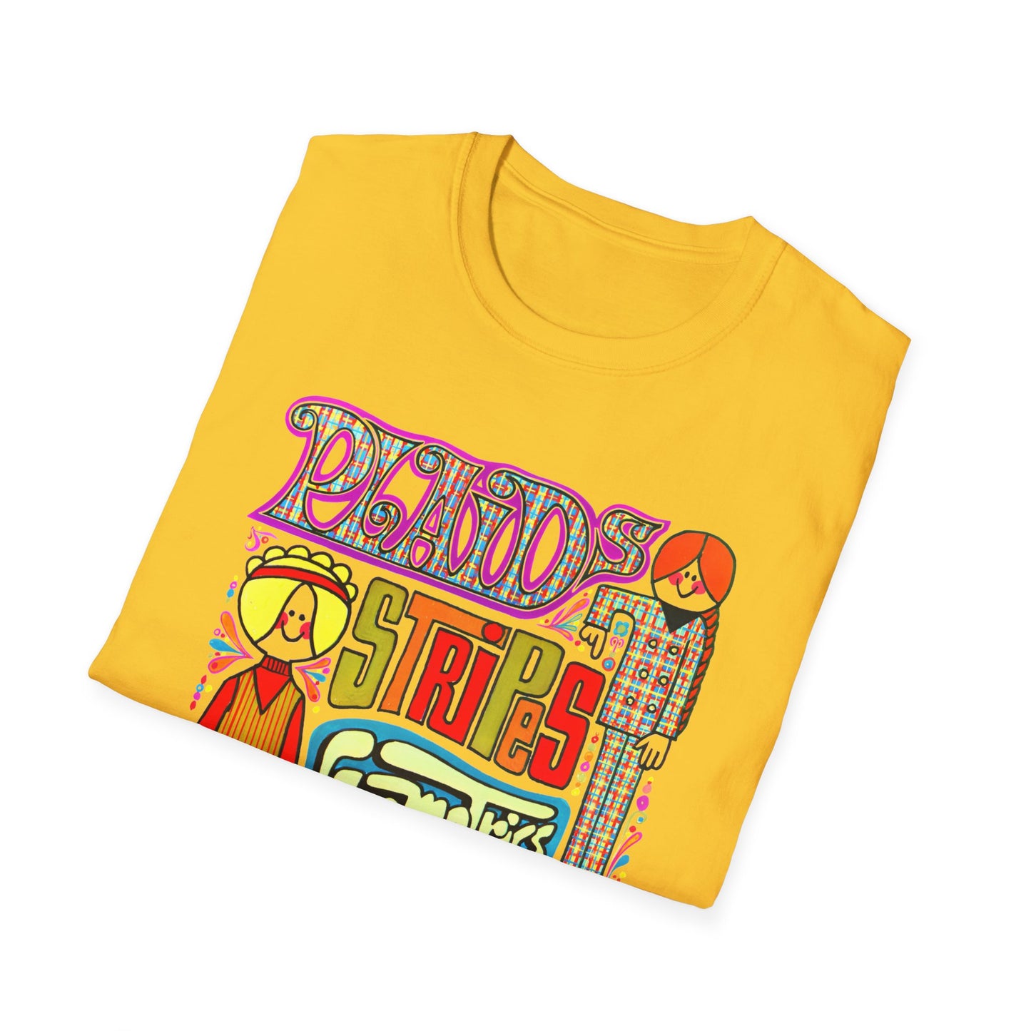 late 1960s fashion it's in advertisement for plaids, stripes, and geometrics tshirt