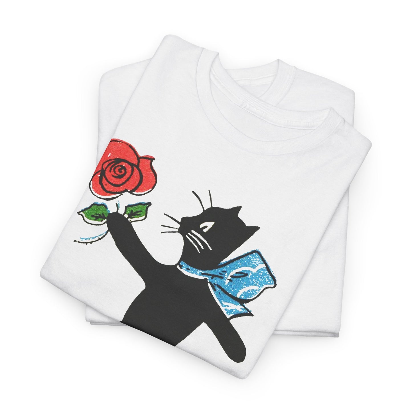 early 1900s french illustration of black cat with flower reproduction tshirt