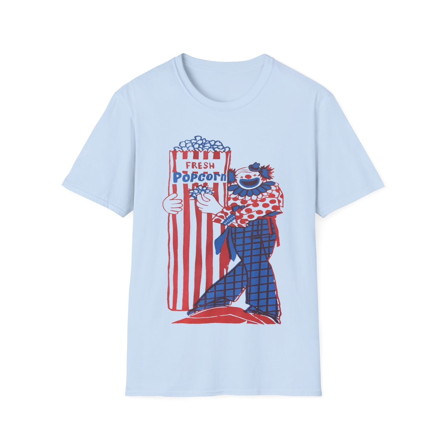 1960s popcorn box logo with a clown mascot tshirt