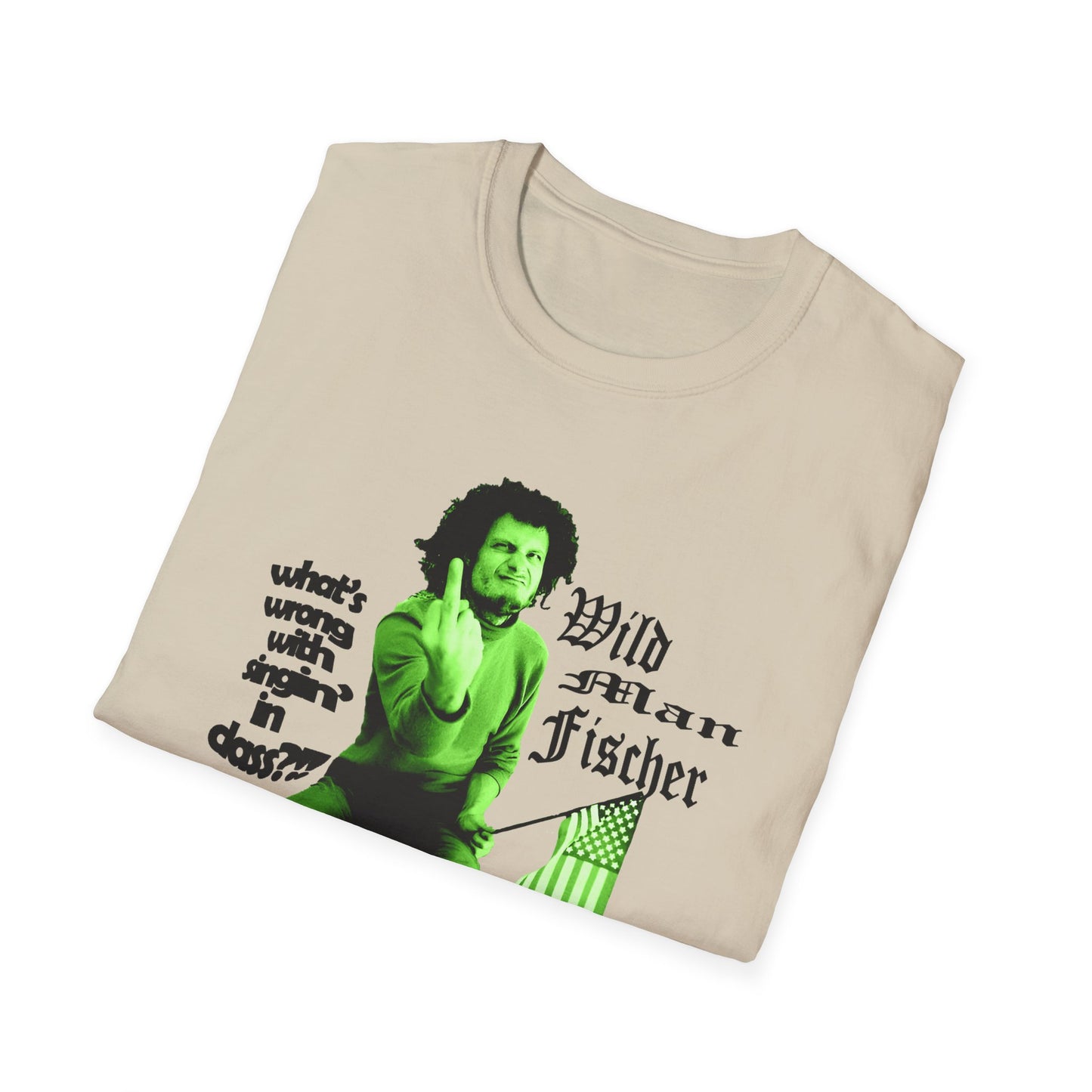 wild man fischer middle finger in green tshirt