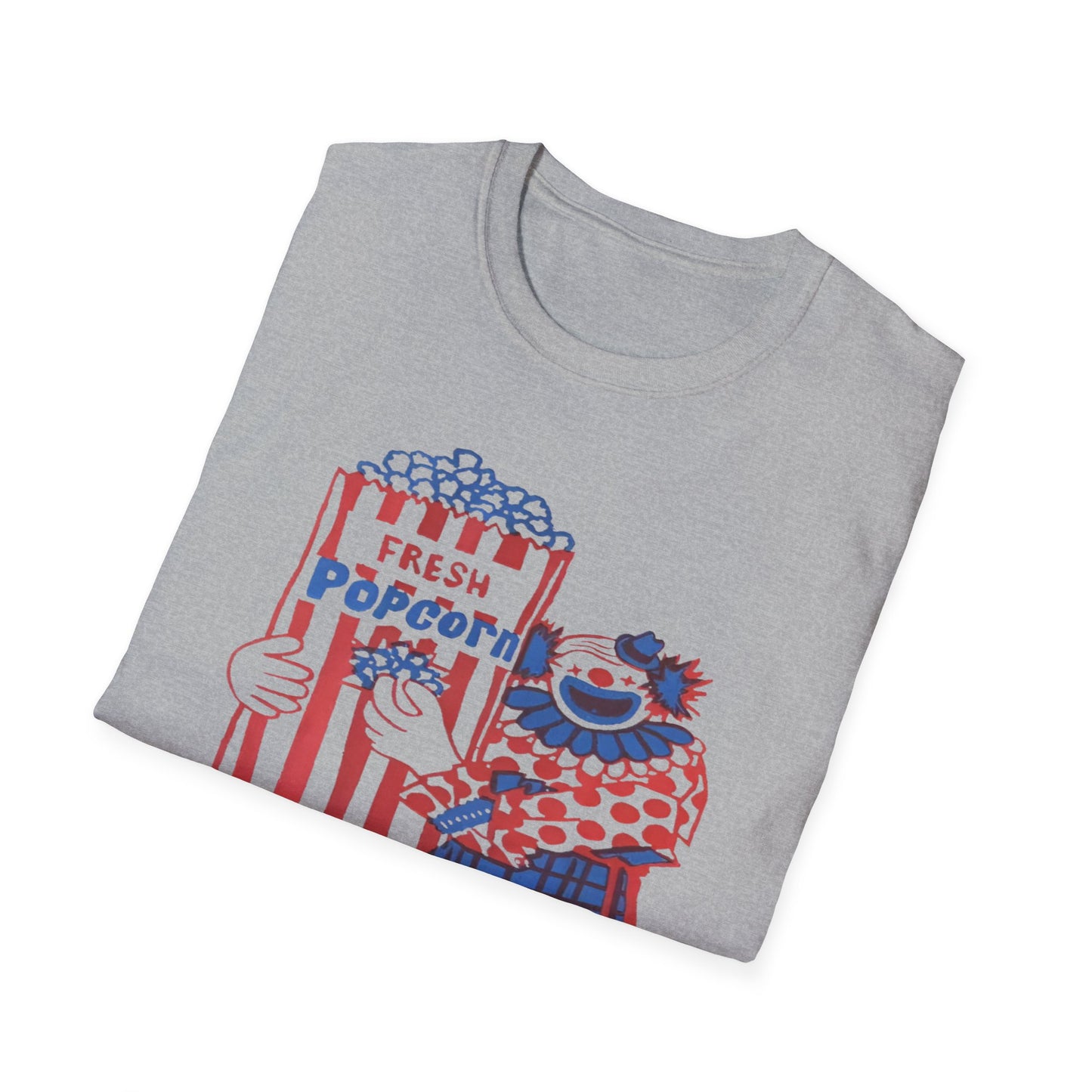 1960s popcorn box logo with a clown mascot tshirt