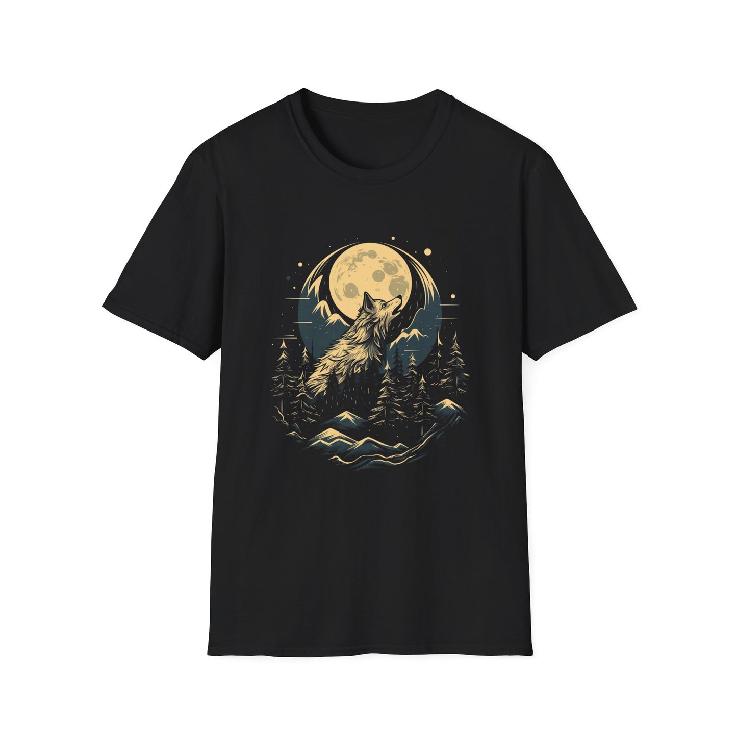 1970s style logo wolf howling at the moon tshirt