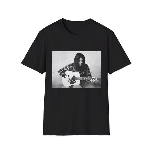 photo of a young neil young playing his acoustic guitar tshirt