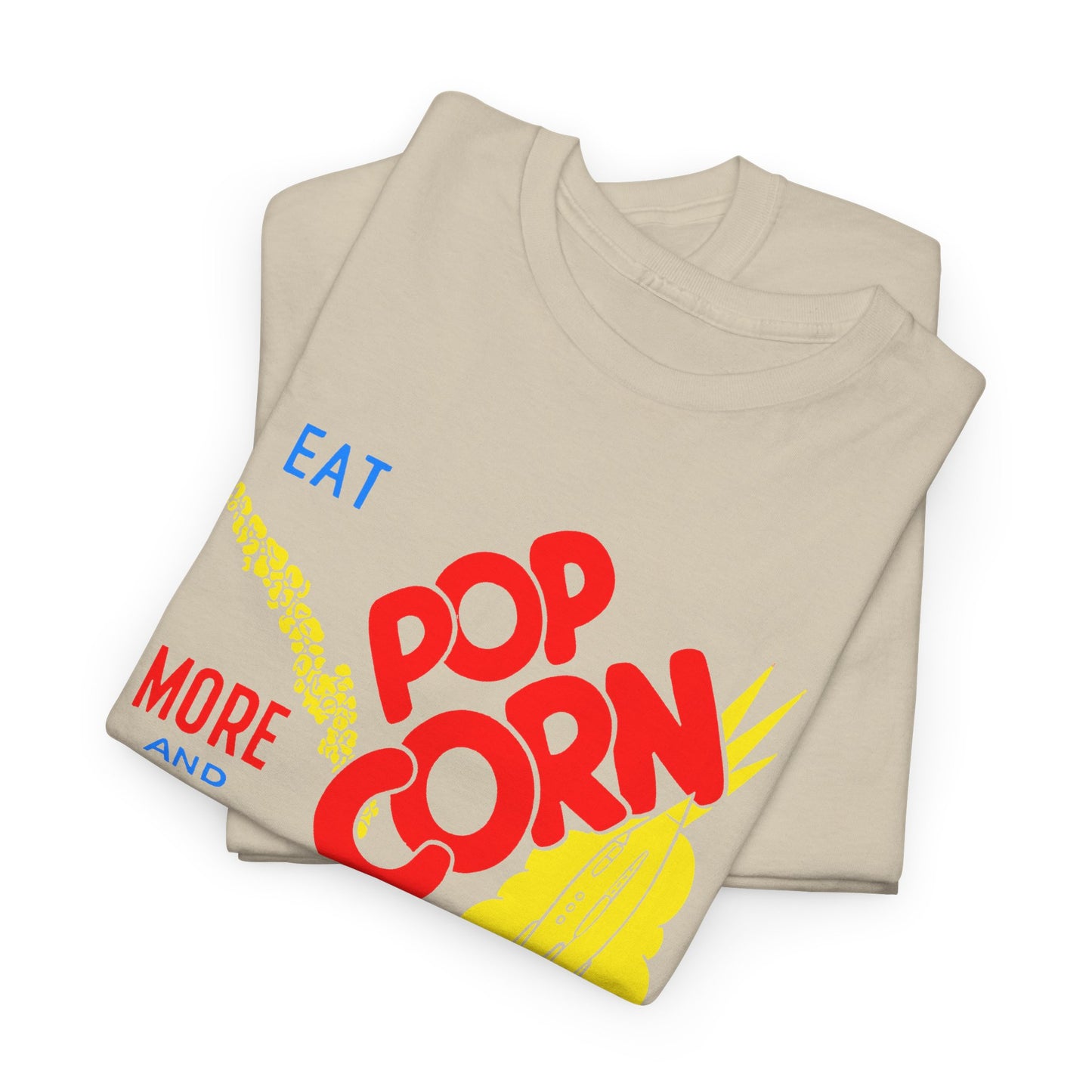 1950s coloured popcorn box logo eat popcorn more and more and more out of this world! tshirt