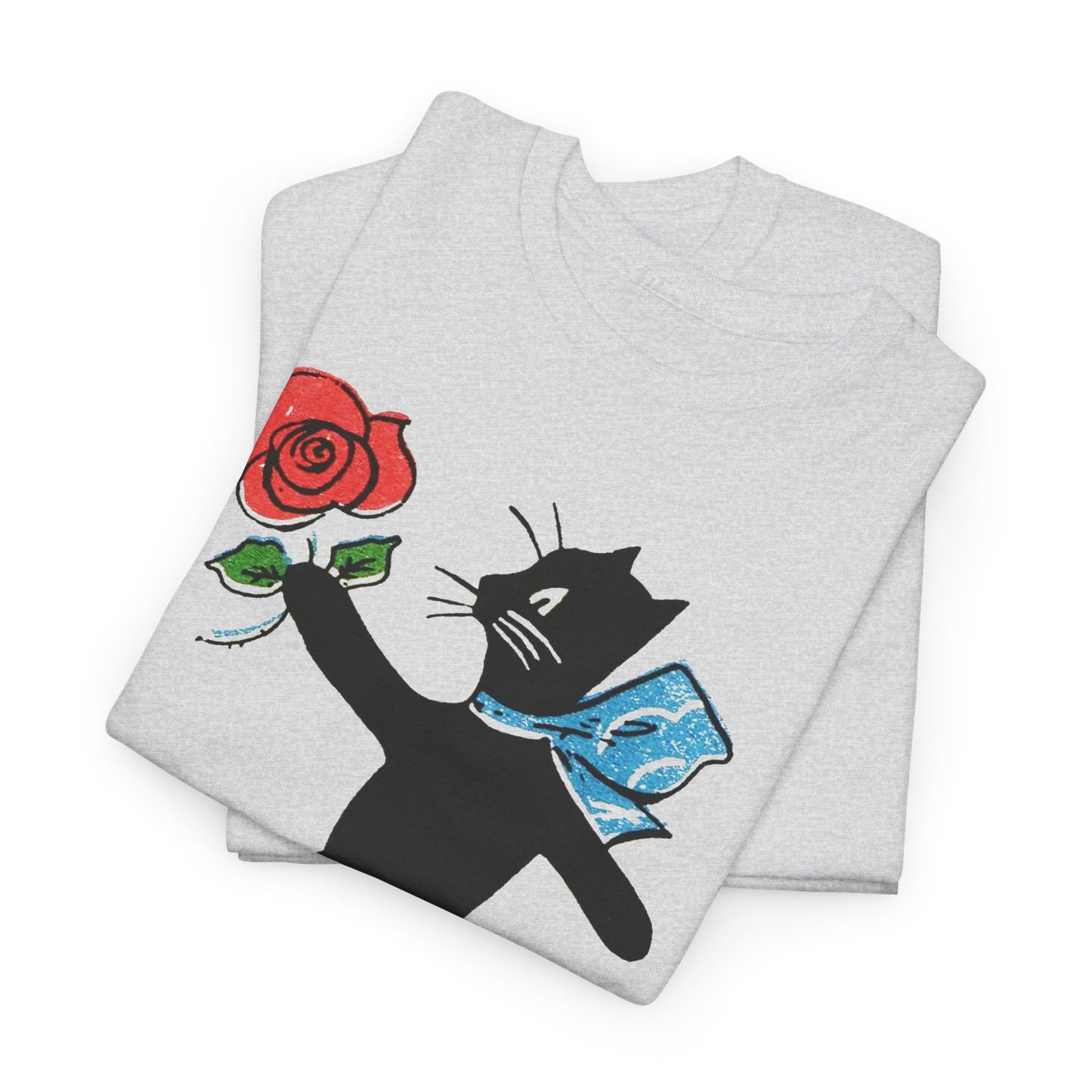 early 1900s french illustration of black cat with flower reproduction tshirt