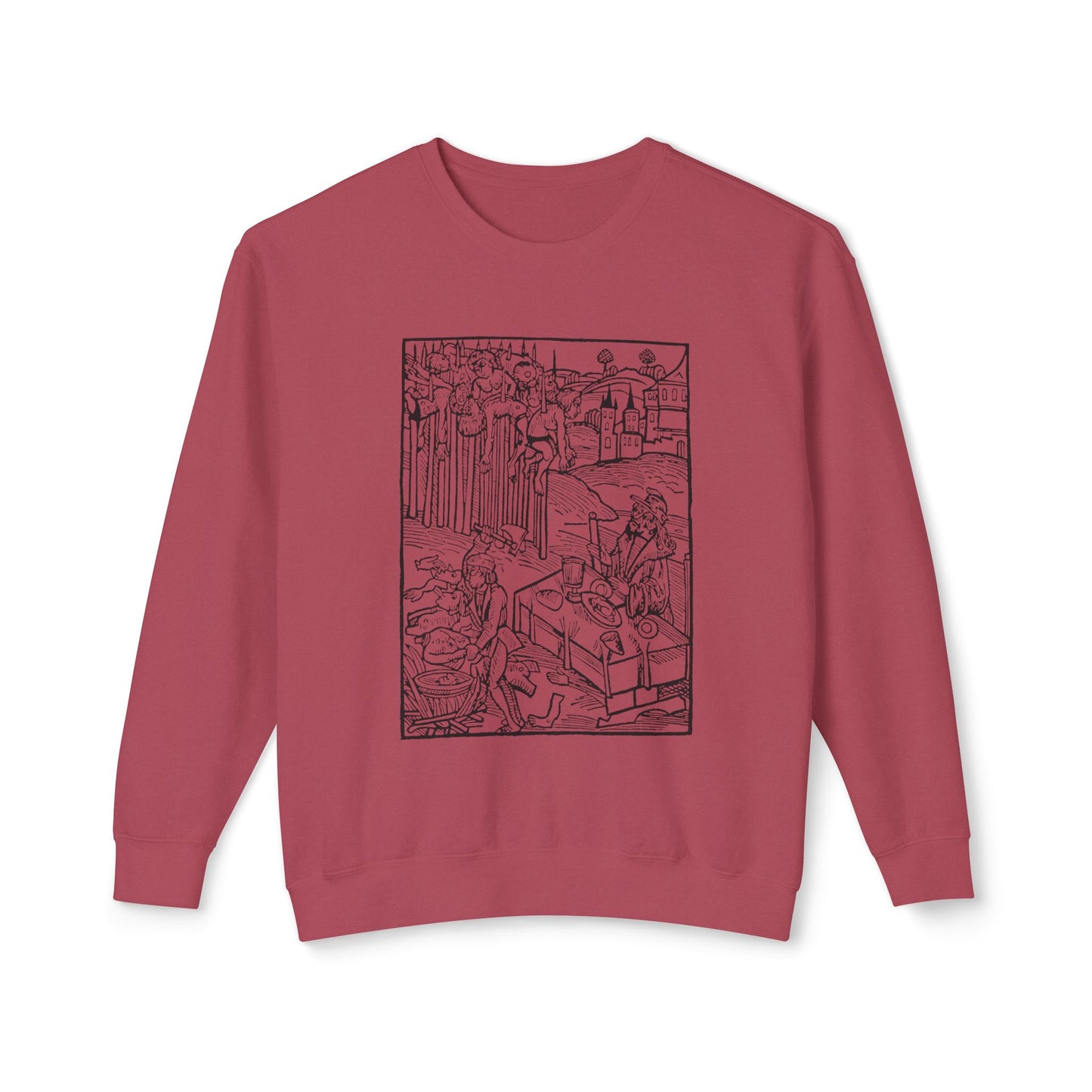 vlad the impaler dining near the mutilated bodies of his victims 1499 german woodcut by ambrosius huber 100% cotton sweatshirt