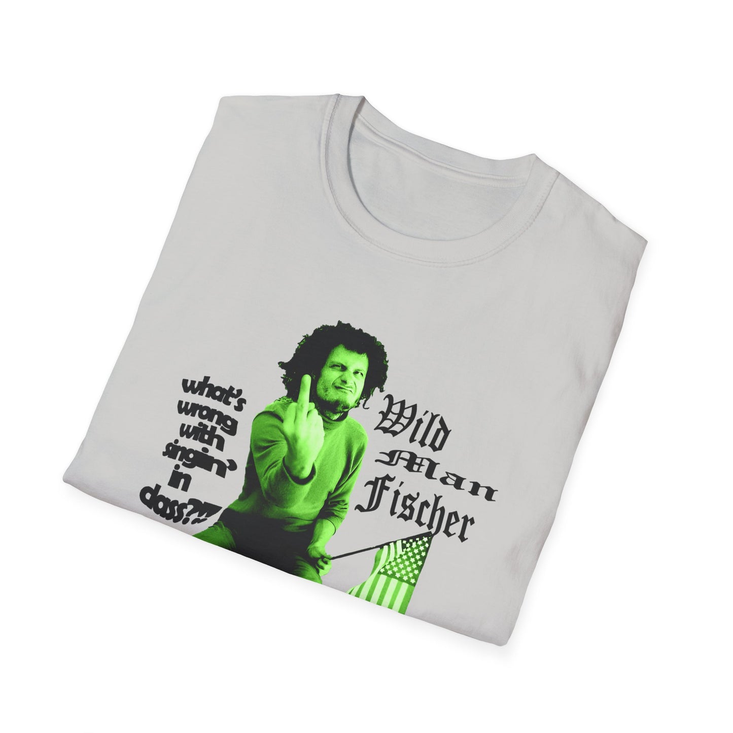 wild man fischer middle finger in green tshirt