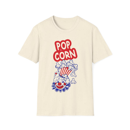 vintage 1980s popcorn bag clown graphic on a tshirt