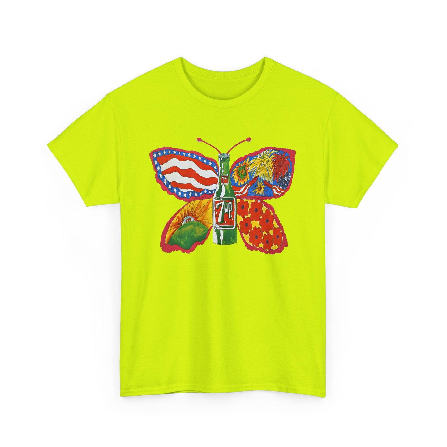 1971 psychedelic ad for 7 up butterfly and bottle reproduction custom edit tshirt