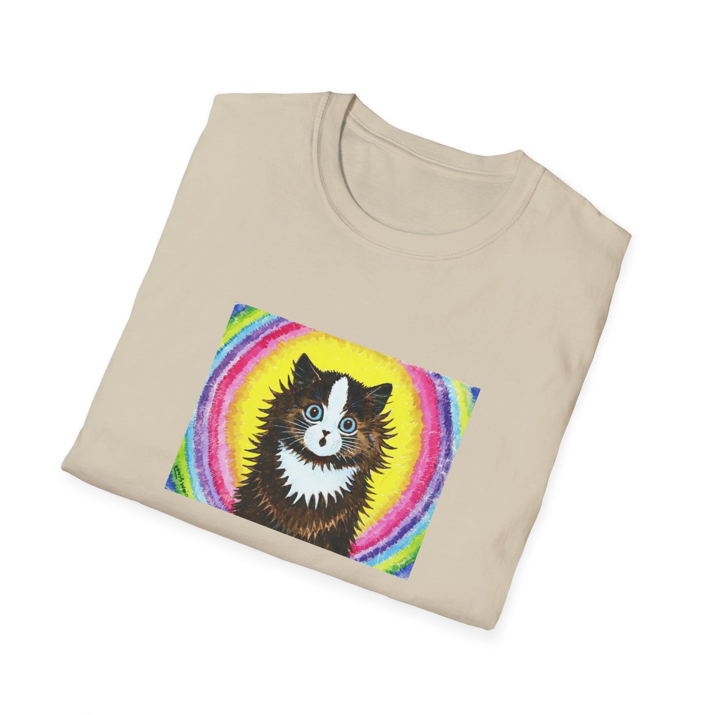 louis wain cat in a rainbow watercolour and gouache on paper reproduction tshirt