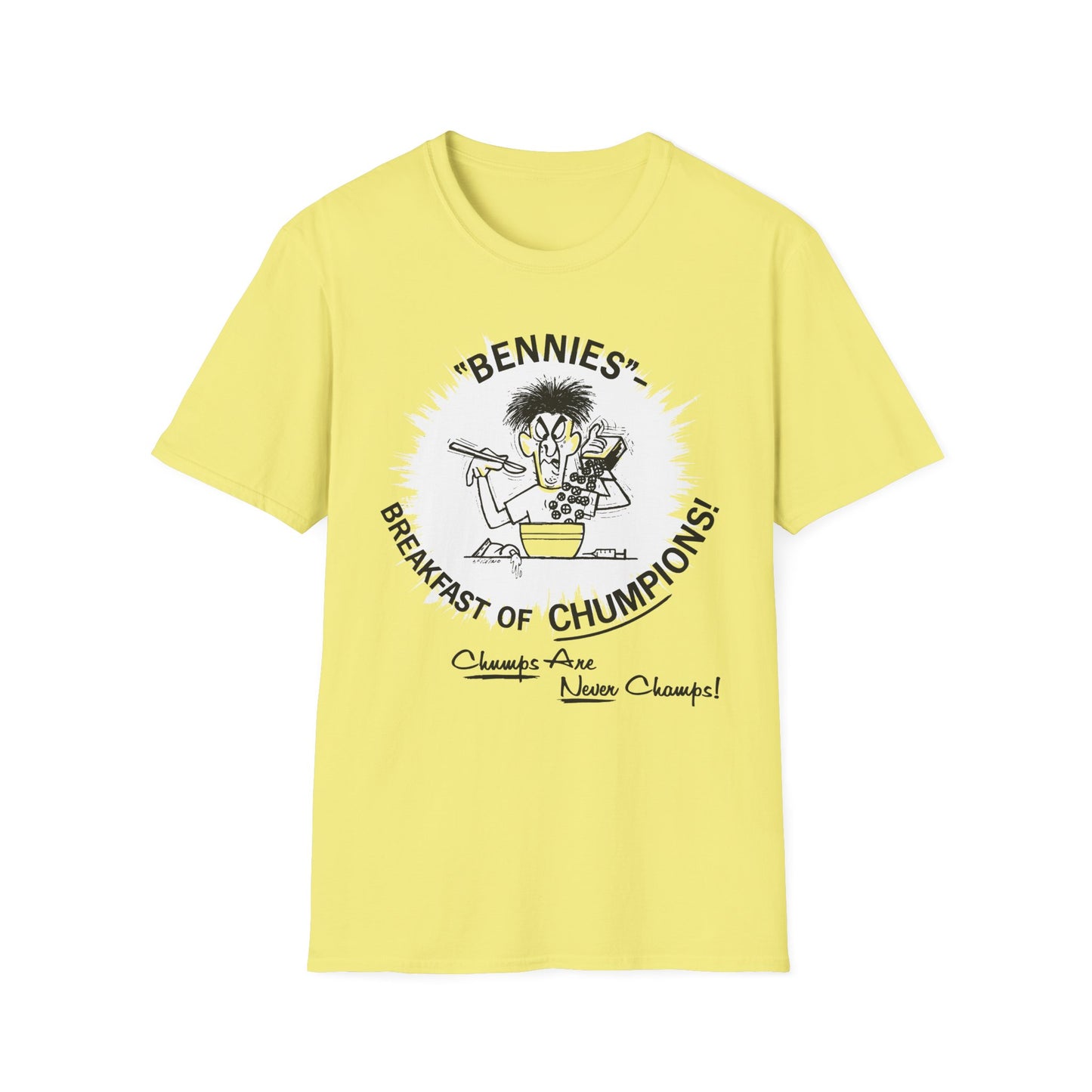 1960s/70s anti-drug poster tshirt "bennies - breakfast of chumpions! chumps are never champs!" by smartset smarteen s.o.s tshirt