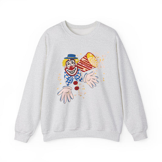 vintage 1980s popcorn clown graphic on a unisex heavy blend crewneck sweatshirt