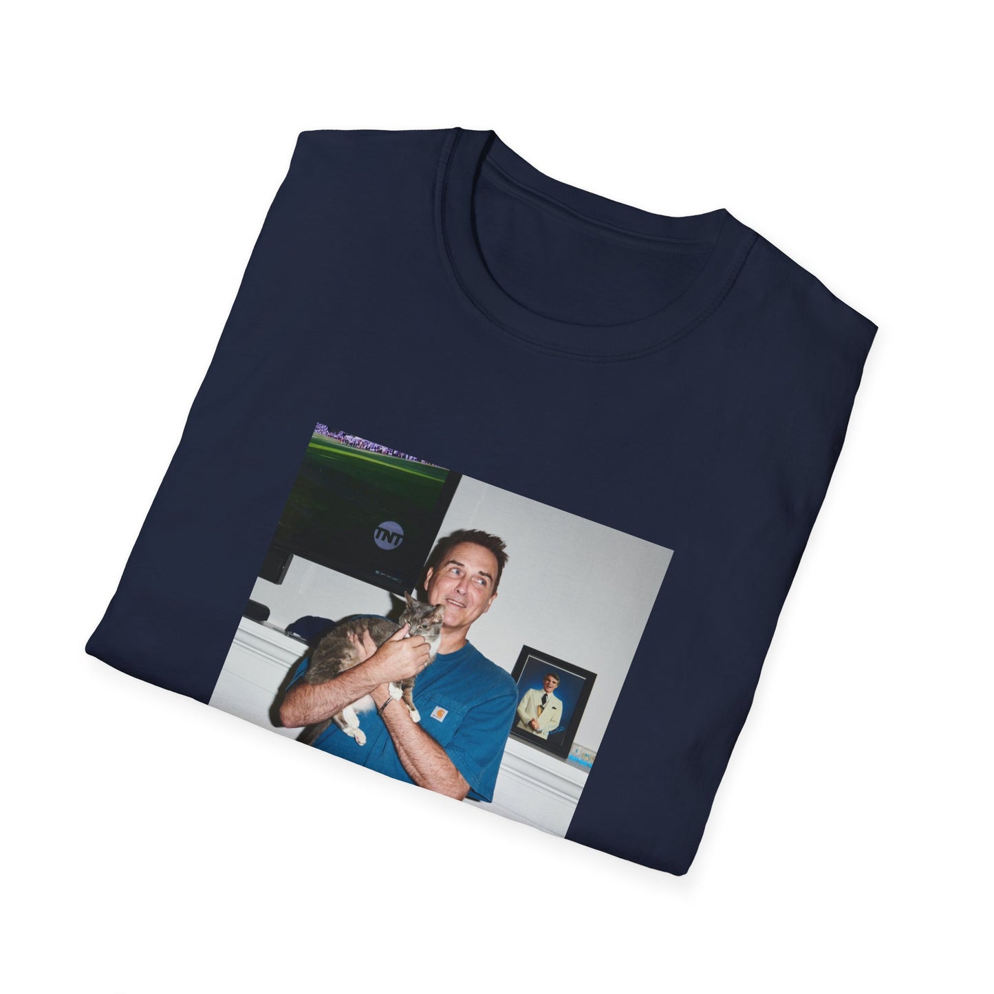 norm macdonald and his cat in front of a framed picture of steve martin close up tshirt