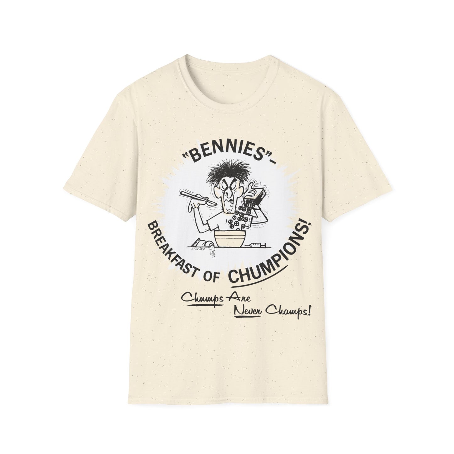 1960s/70s anti-drug poster tshirt "bennies - breakfast of chumpions! chumps are never champs!" by smartset smarteen s.o.s tshirt