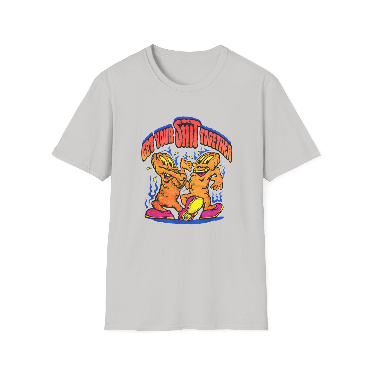 1970s graphic get your shit together two shits shaking hands tshirt