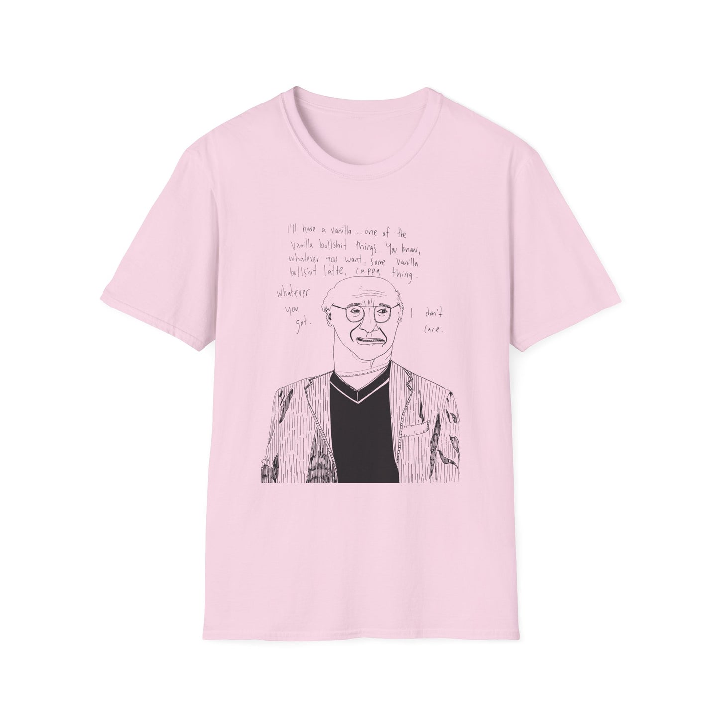 original drawing larry david ordering a vanilla latte bullshit thing on a tshirt