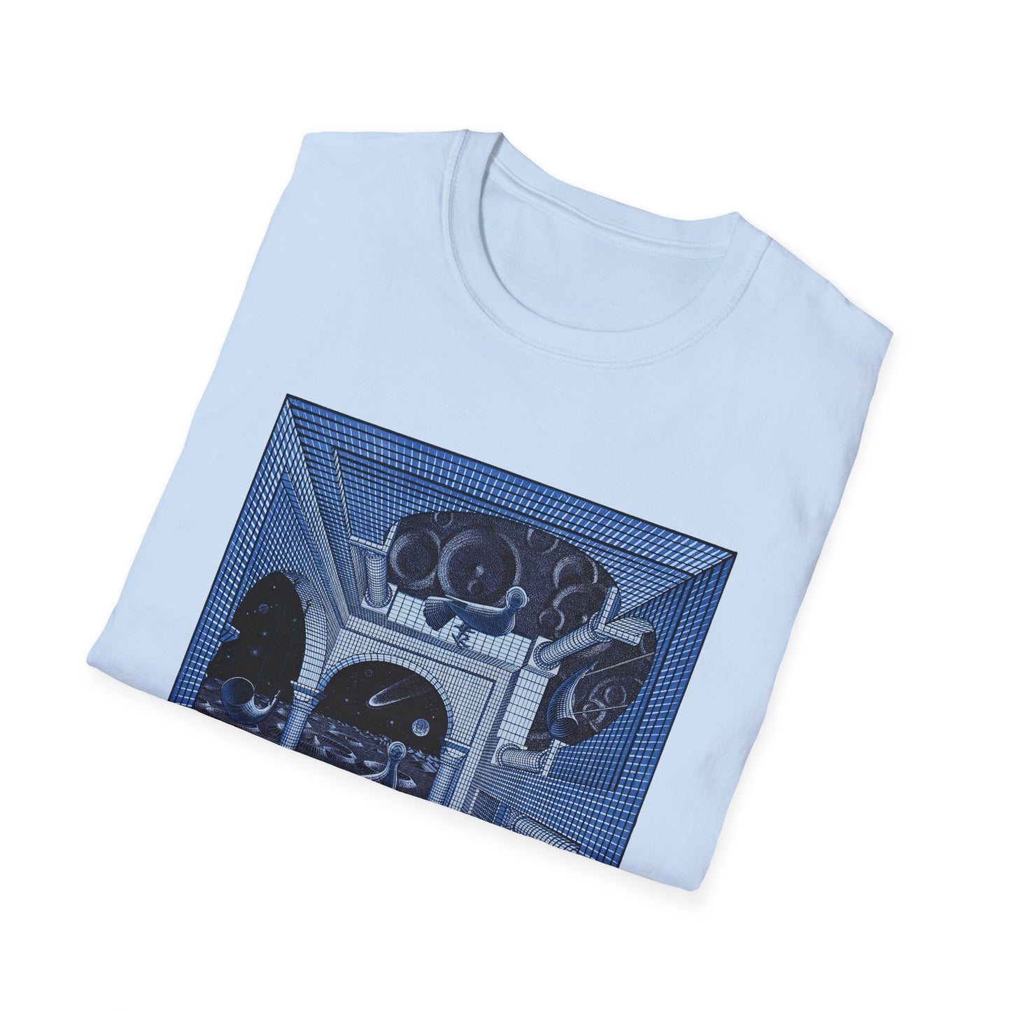 1947 m.c escher another world in blue tshirt