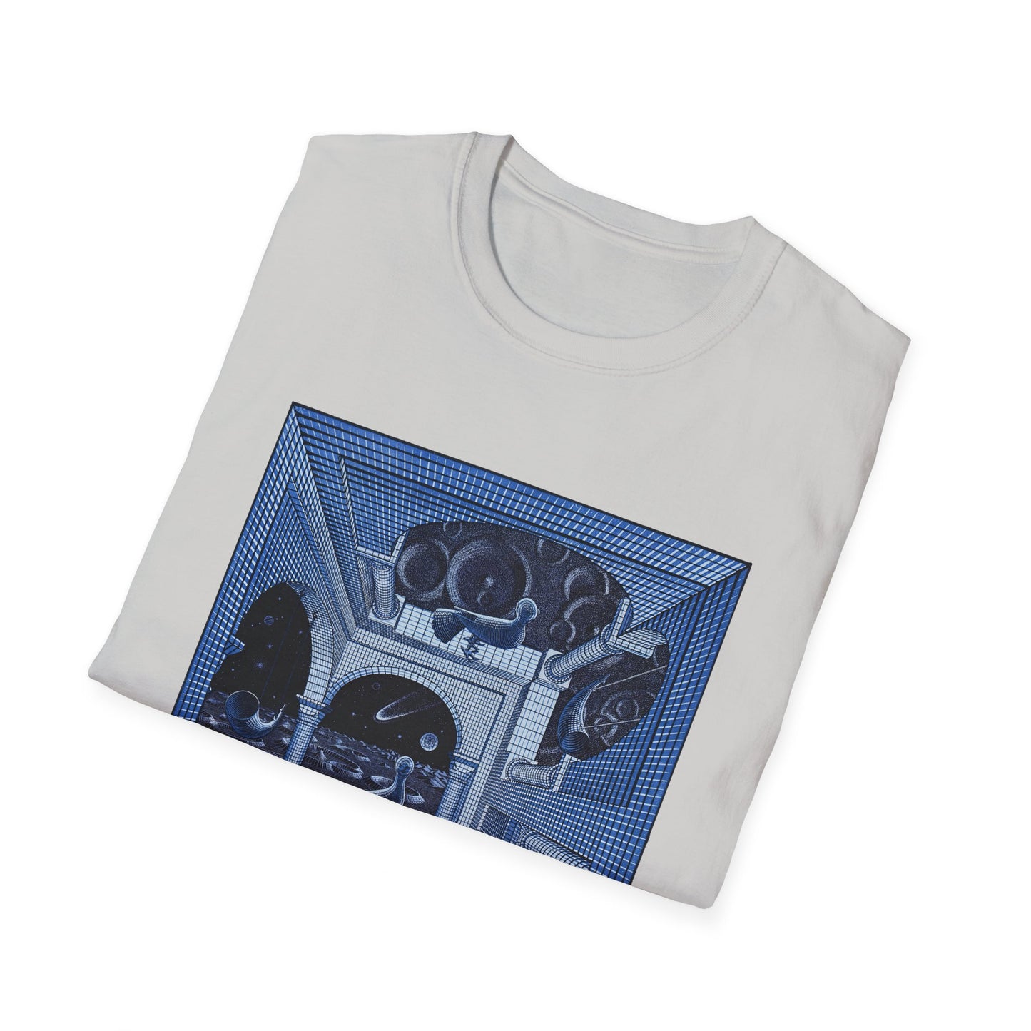 1947 m.c escher another world in blue tshirt