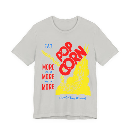 1950s coloured popcorn box logo "eat popcorn more and more and more out of this world!" on a new unisex softstyle tshirt
