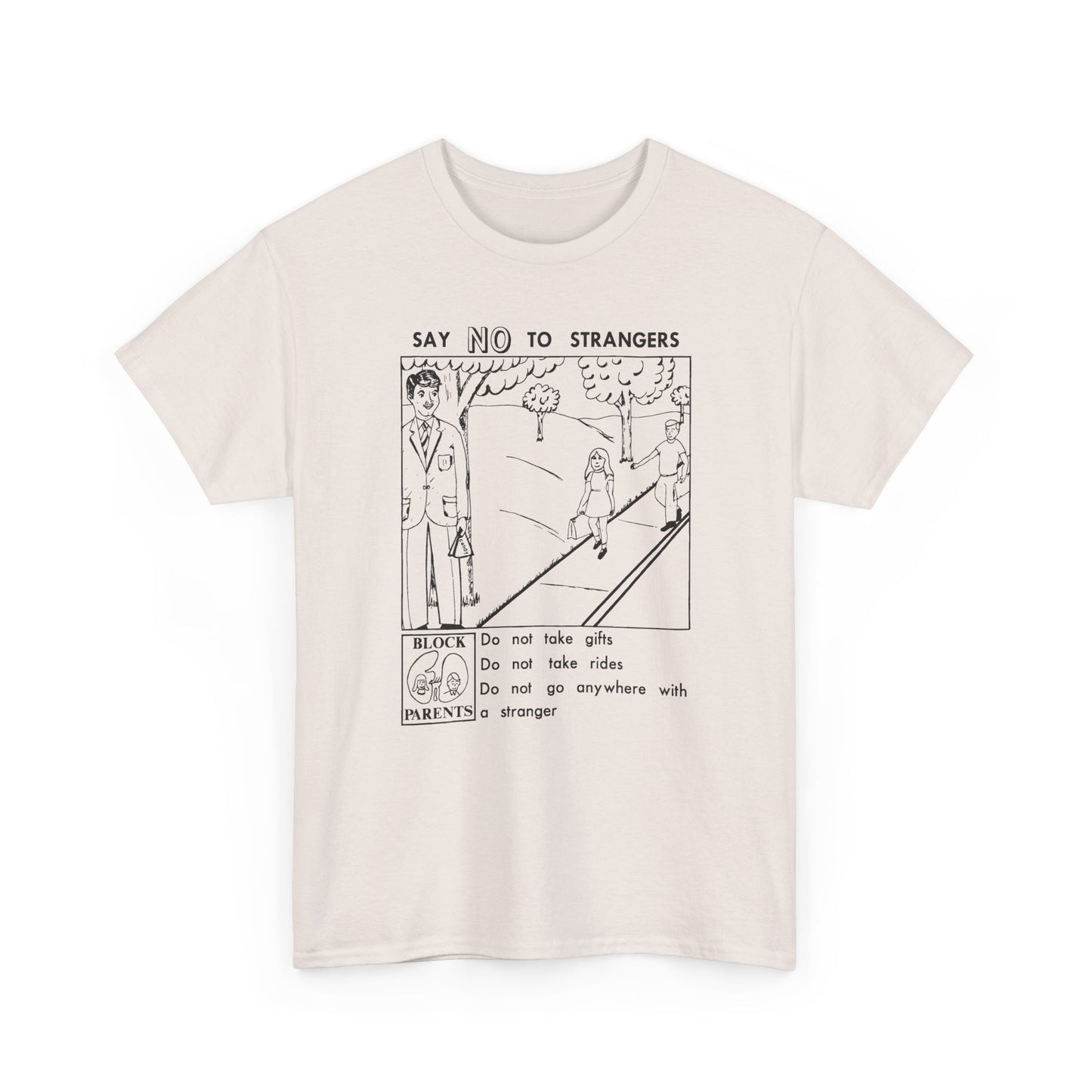 vintage block parents graphic say no to strangers reproduction tshirt
