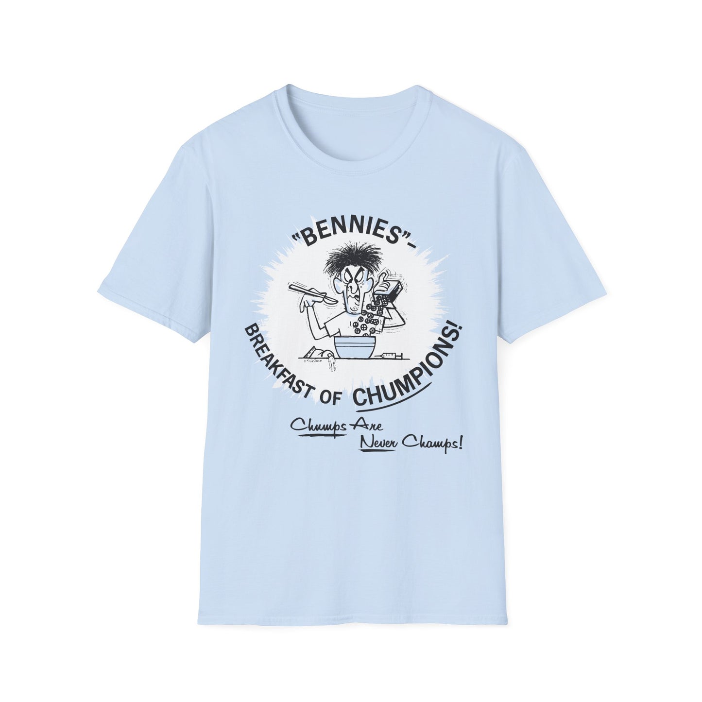 1960s/70s anti-drug poster tshirt "bennies - breakfast of chumpions! chumps are never champs!" by smartset smarteen s.o.s tshirt