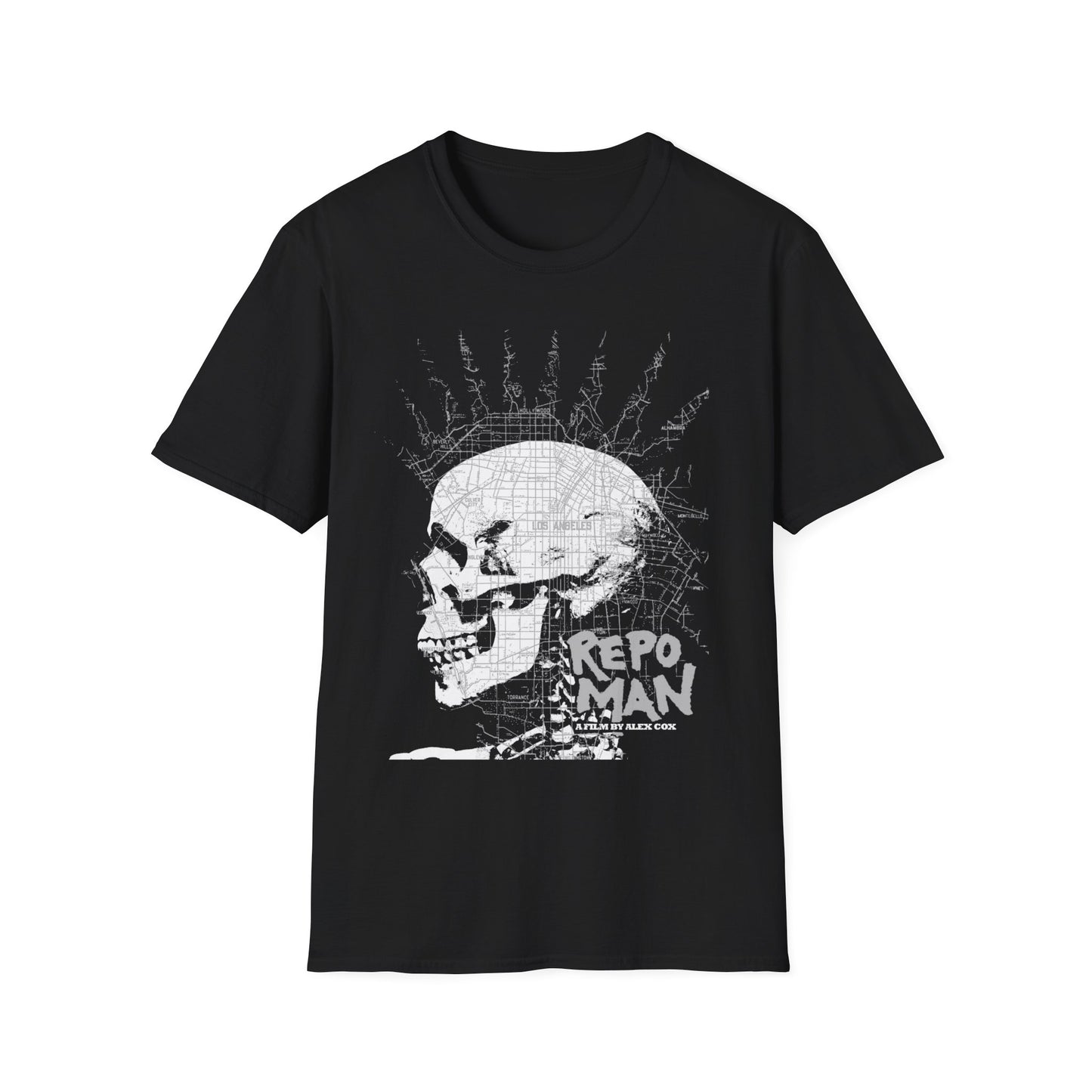 repo man skull punk in black and white tshirt