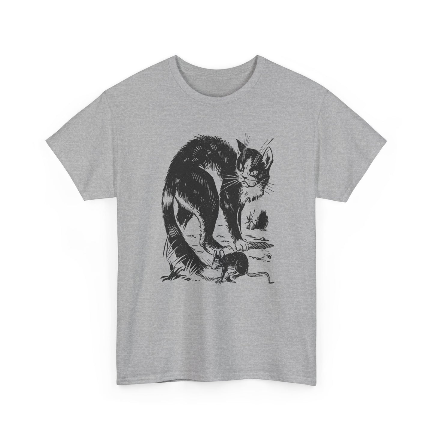 vintage french children's book illustration of angry cat and happy mouse reproduction tshirt