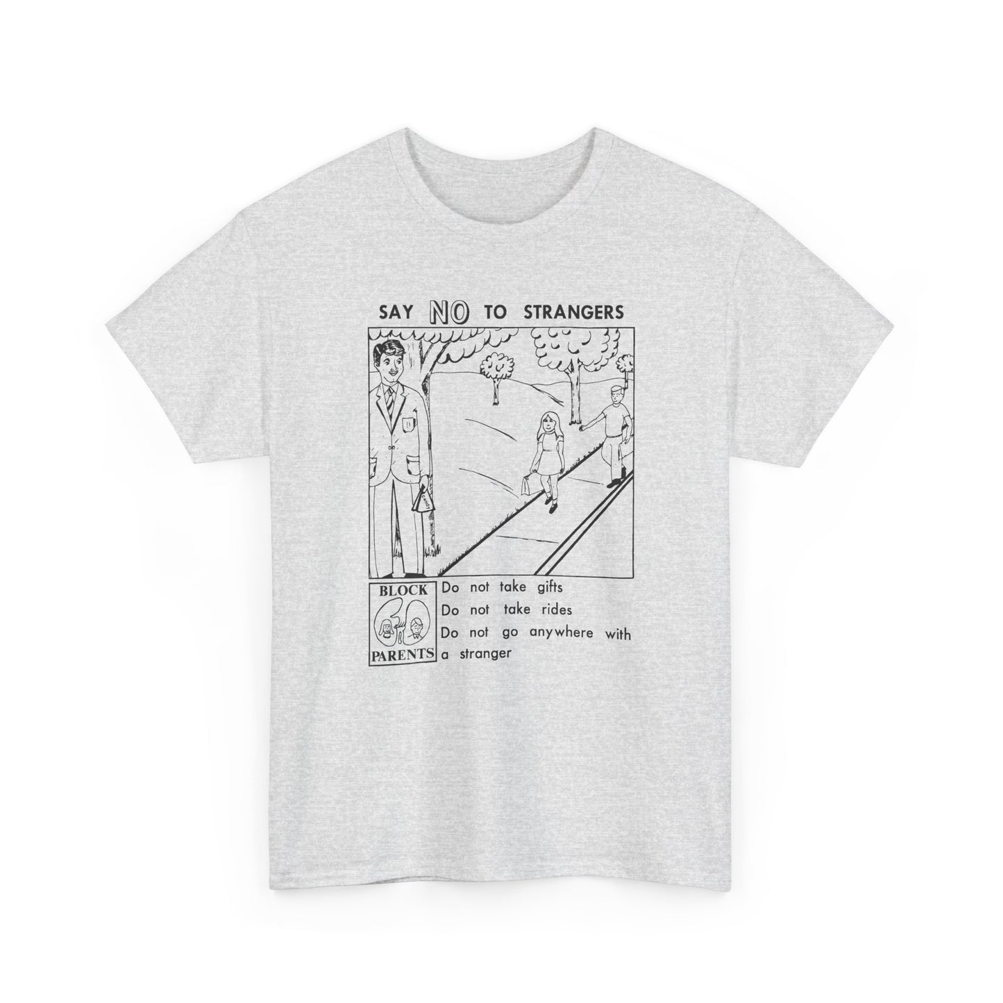 vintage block parents graphic say no to strangers reproduction tshirt