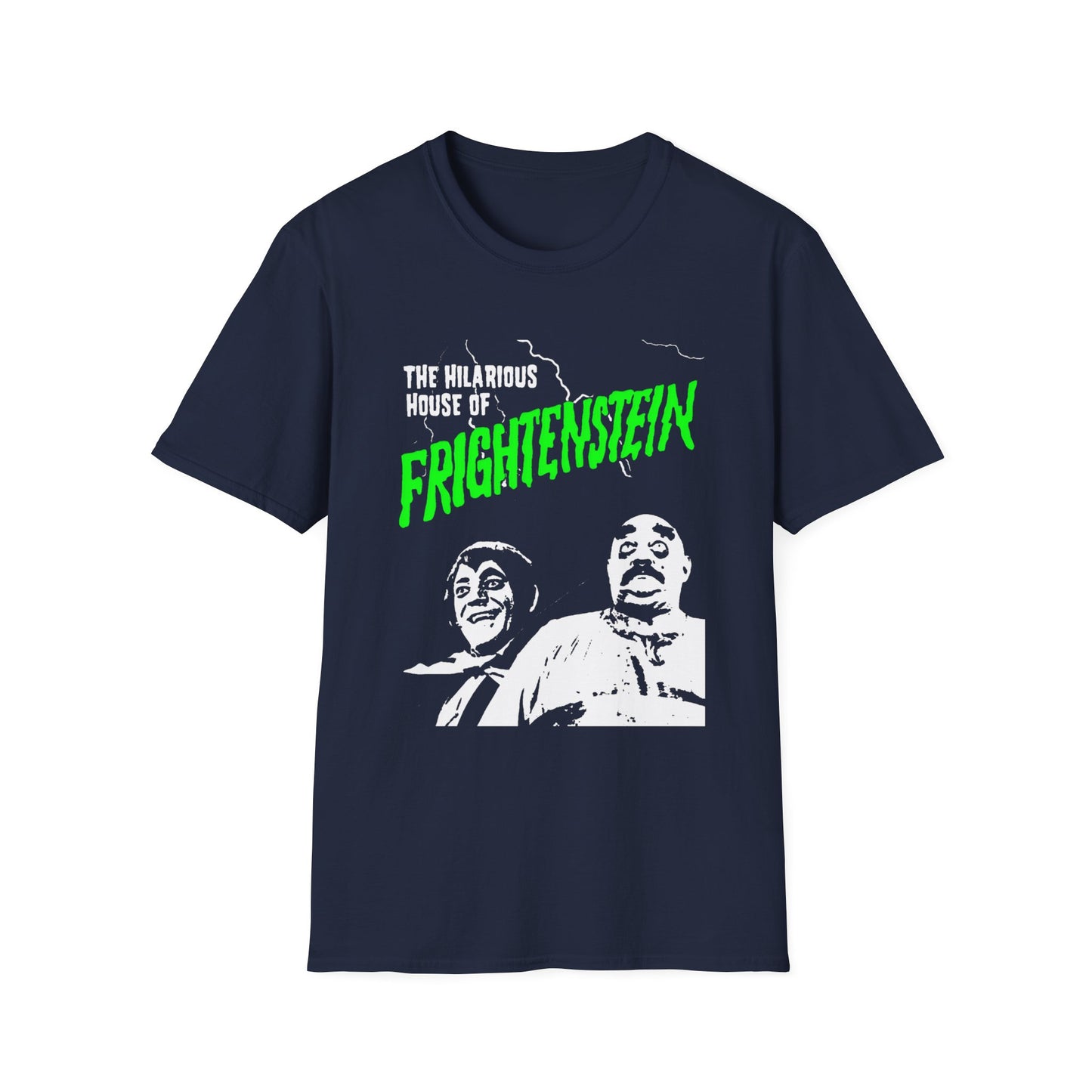 the hilarious house of frightenstein in green lettering tshirt