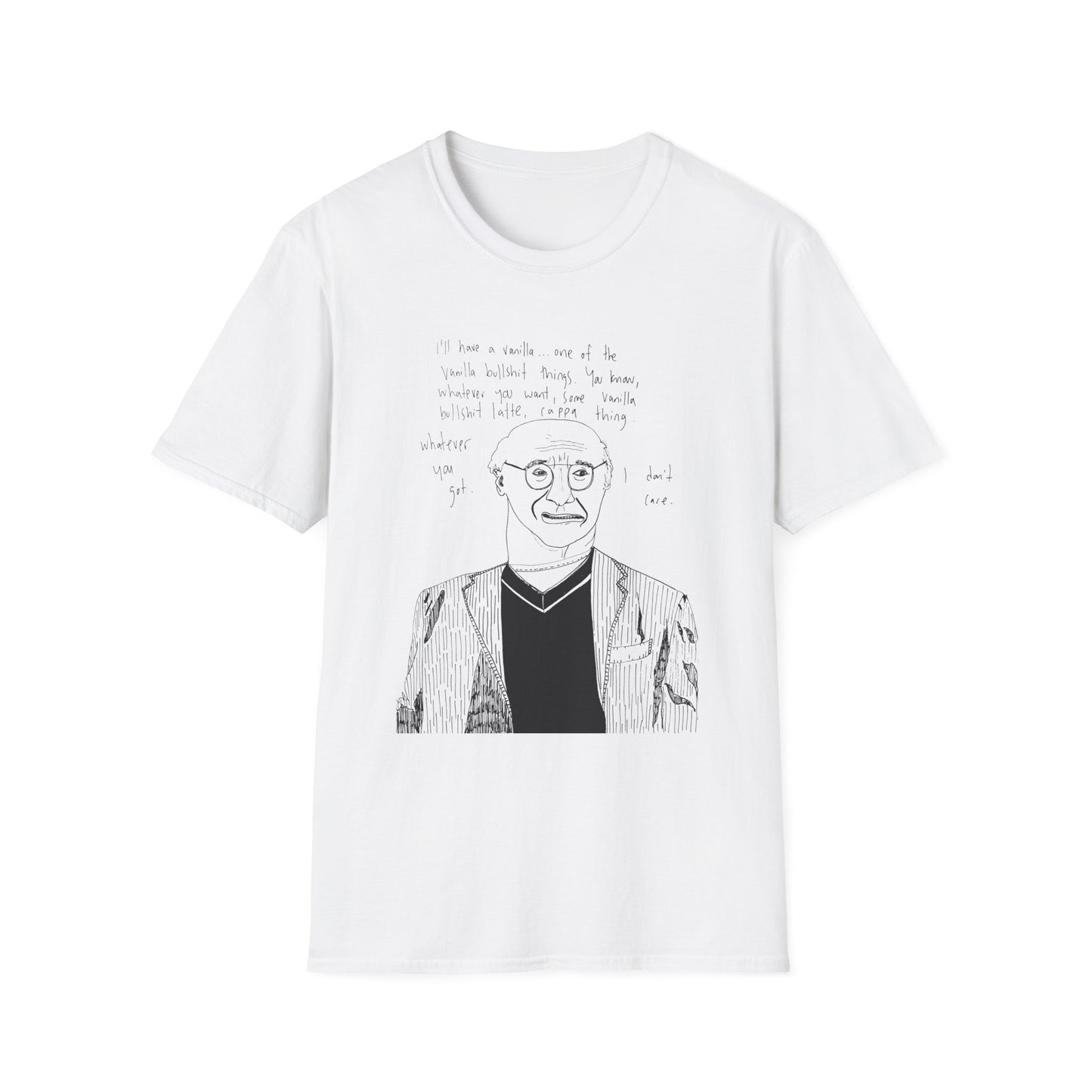 original drawing larry david ordering a vanilla latte bullshit thing on a tshirt