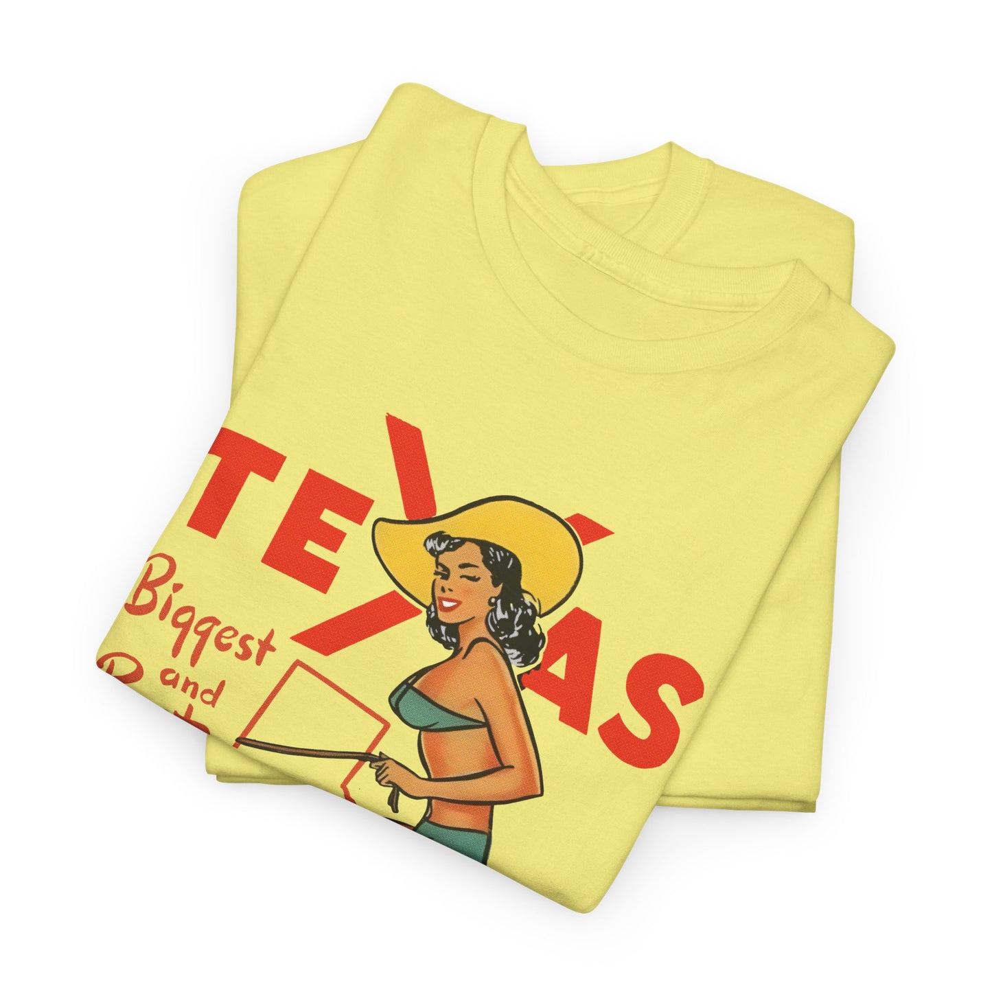 mid twentieth century texas biggest and best cowgirl pin up art reproduction tshirt