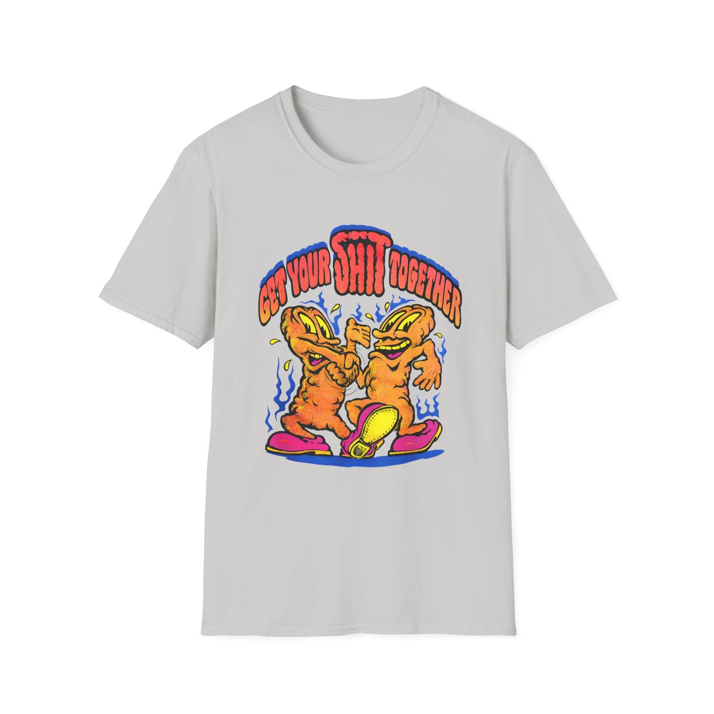 1970s graphic "get your shit together" two shits shaking hands tshirt