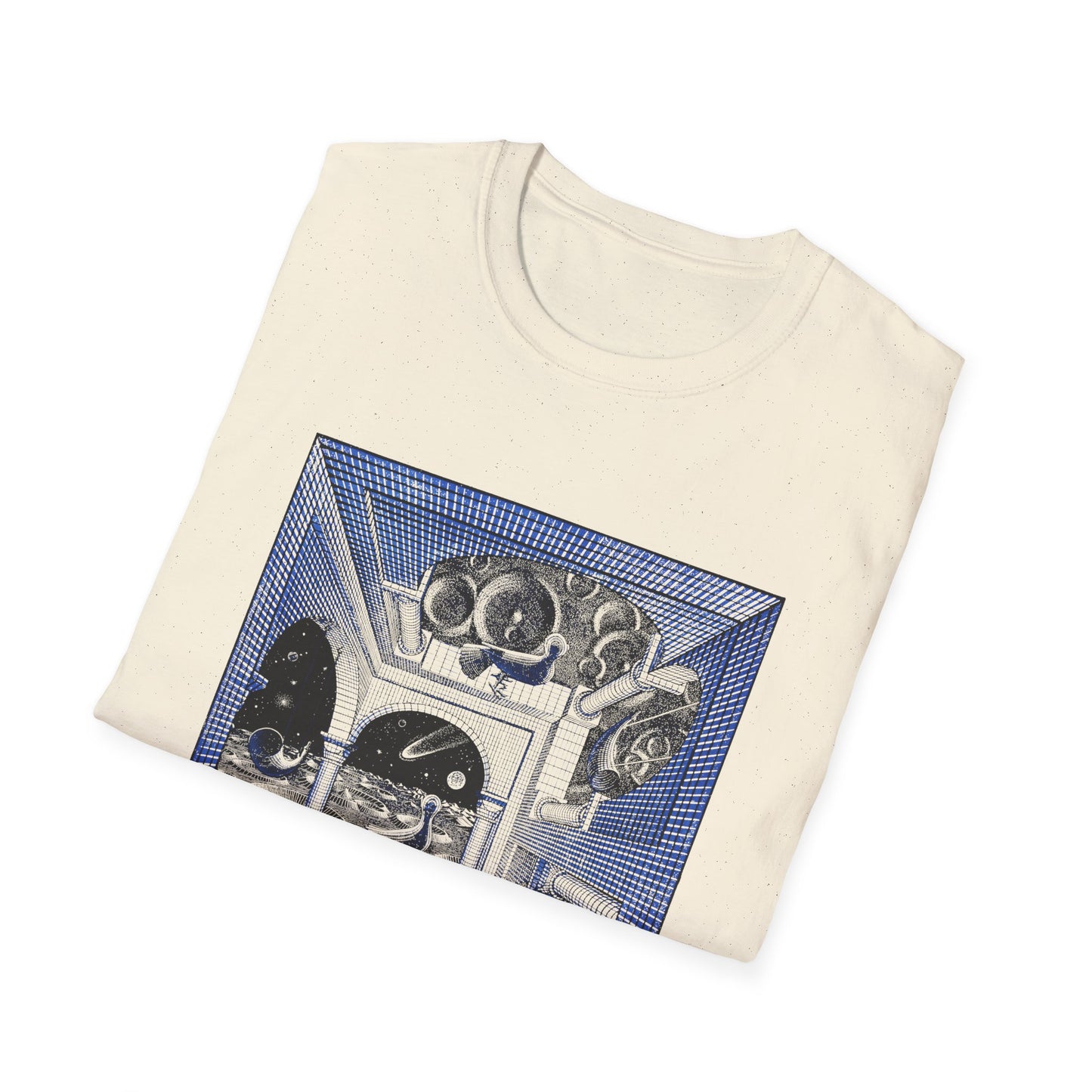 1947 m.c escher another world in blue tshirt