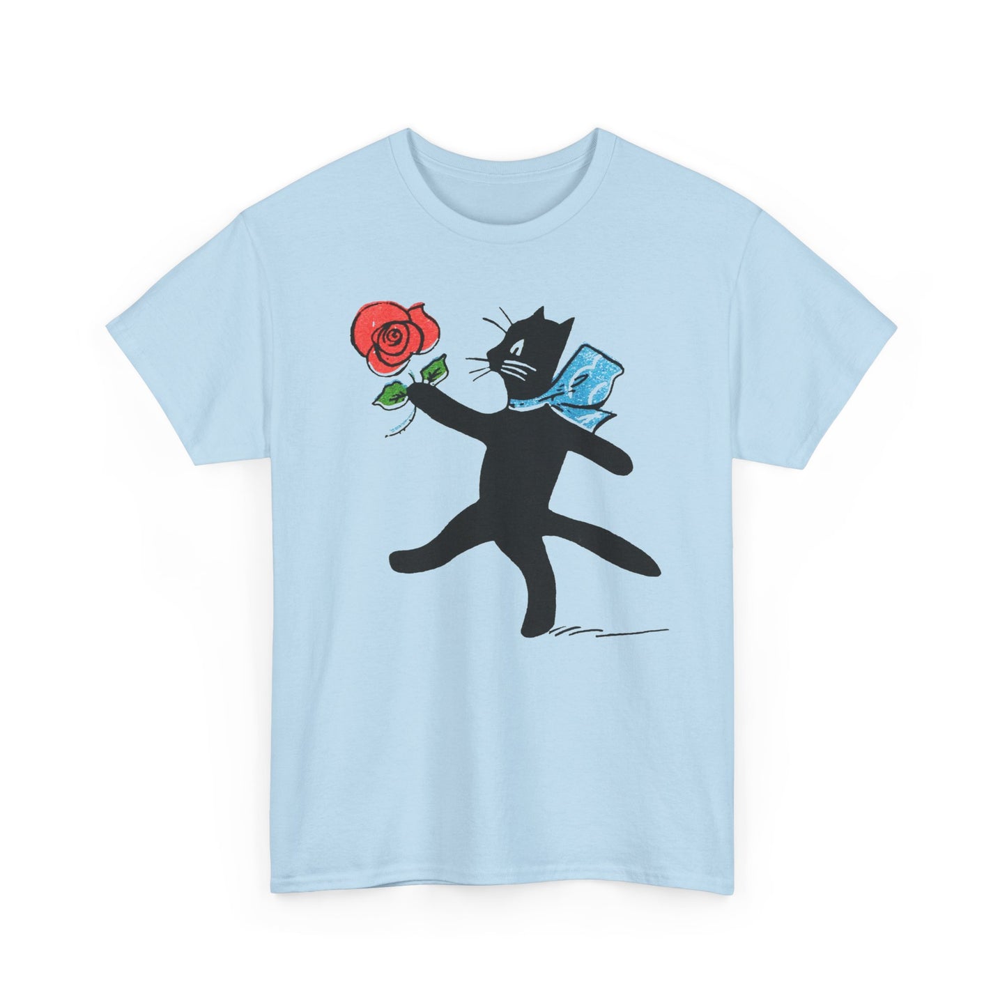 early 1900s french illustration of black cat with flower reproduction tshirt