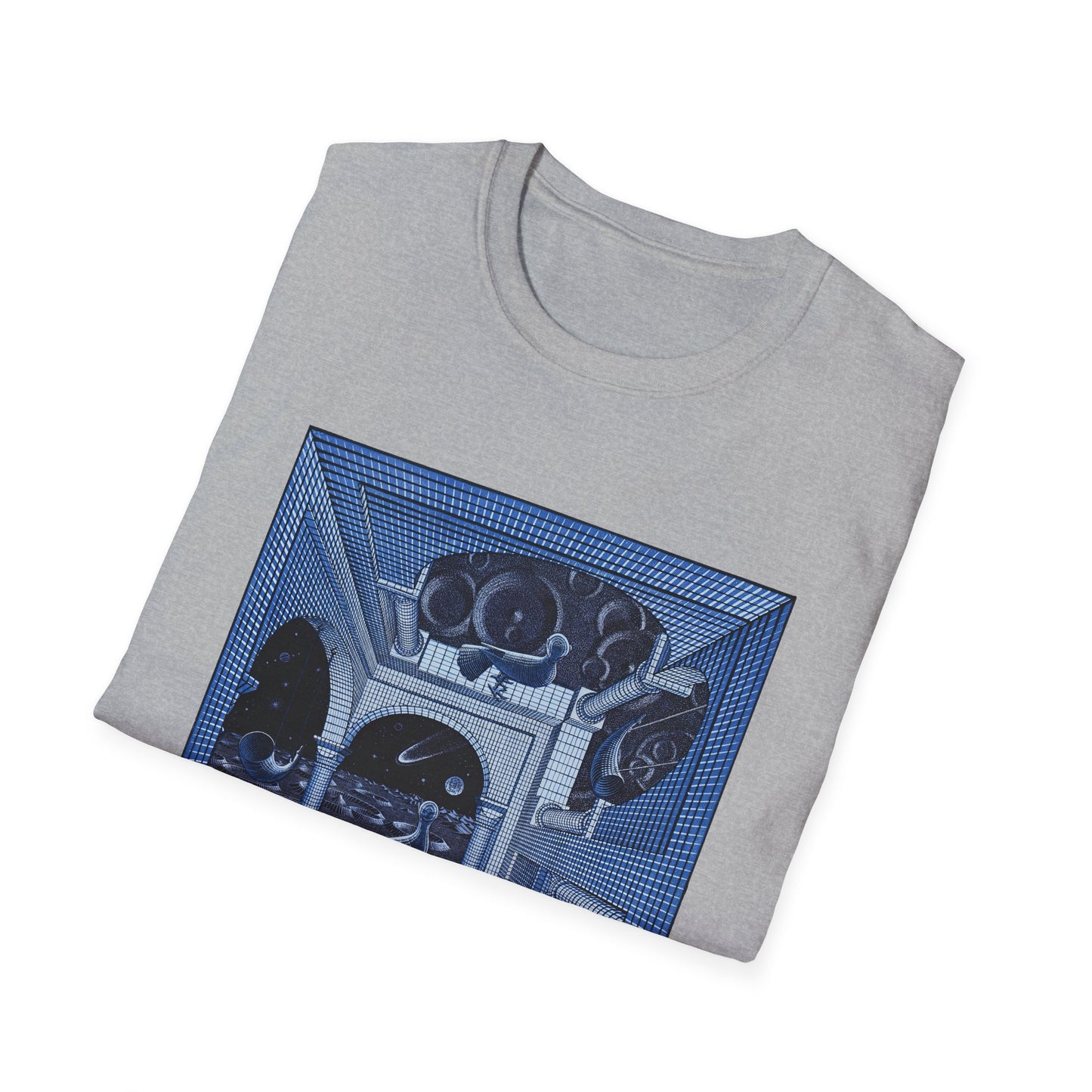 1947 m.c escher another world in blue tshirt