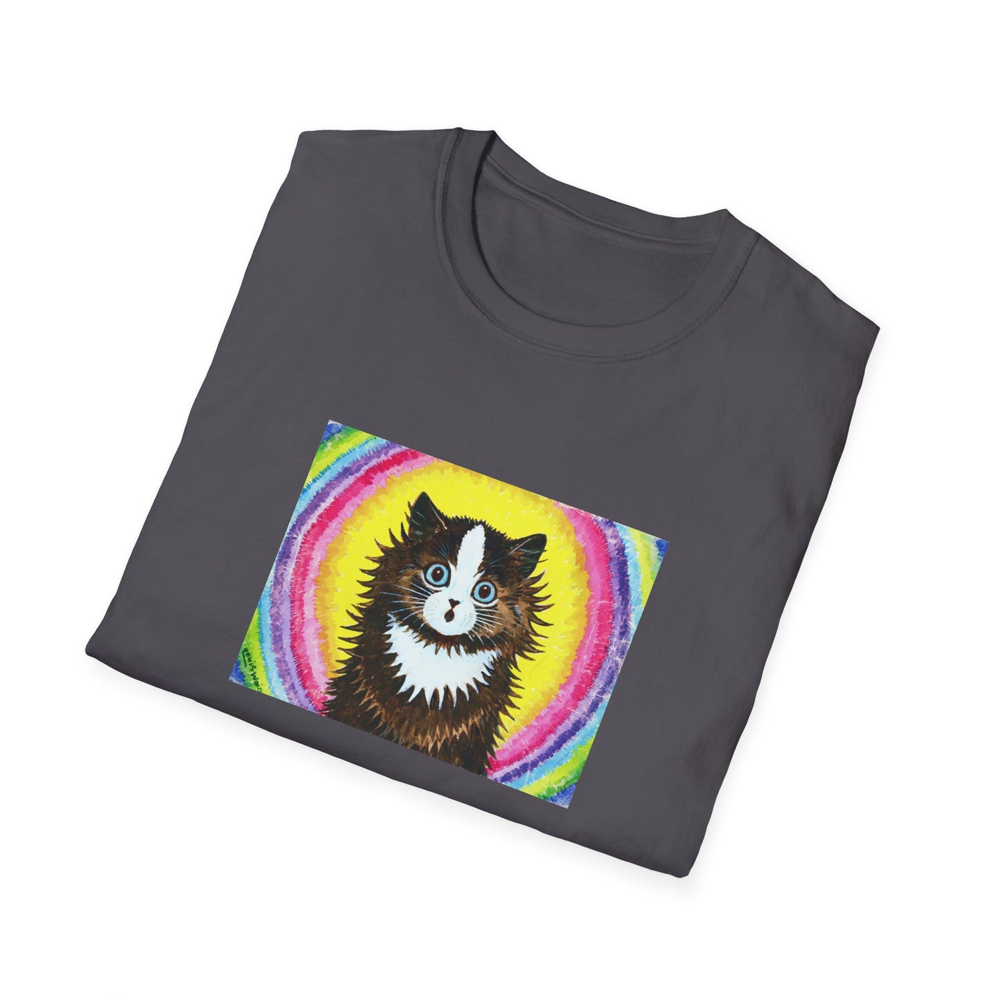 louis wain cat in a rainbow watercolour and gouache on paper reproduction tshirt