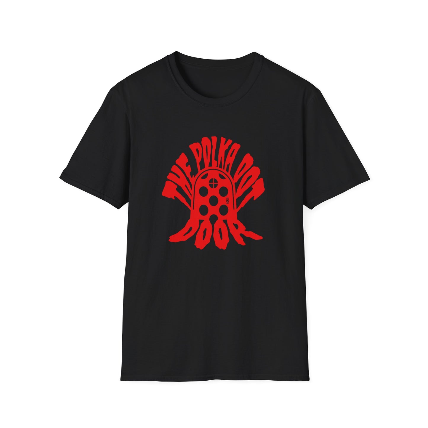 the polka dot door in red creepster font tshirt