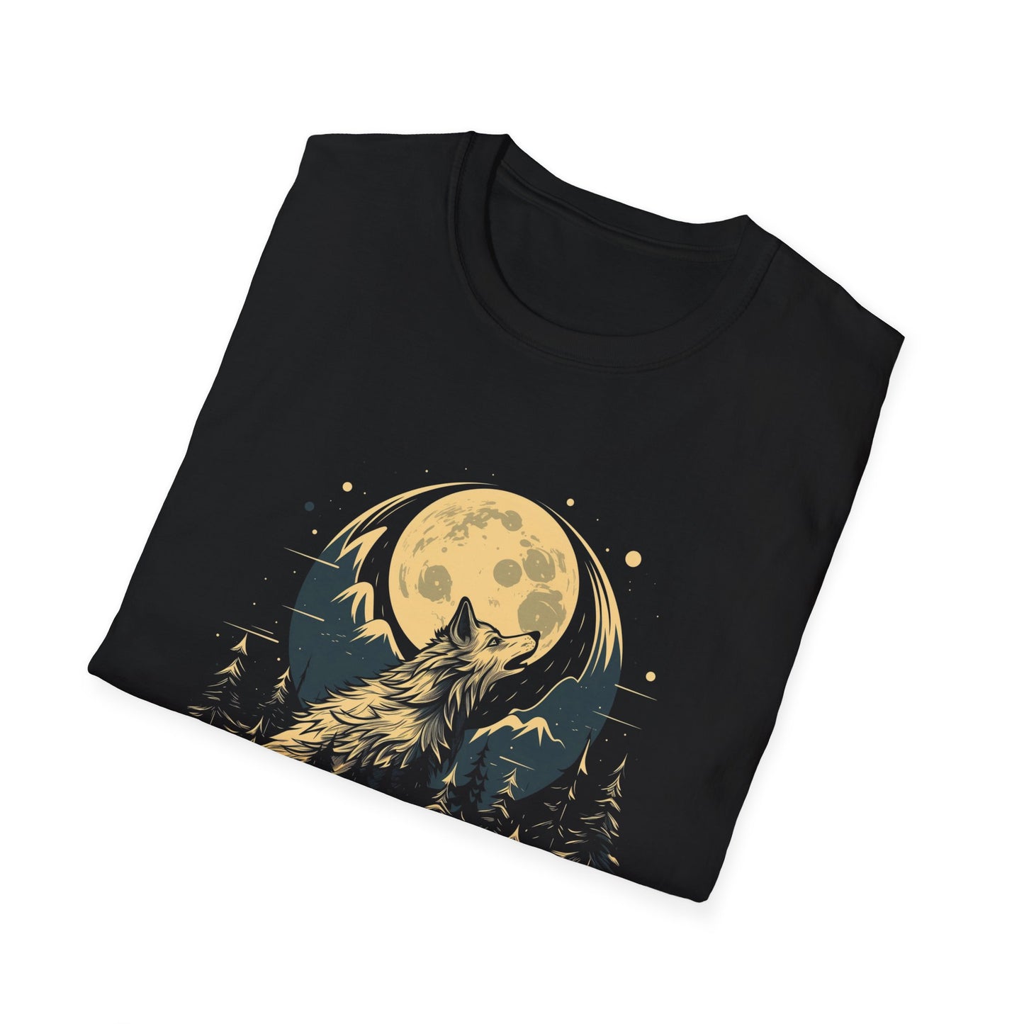 1970s style logo wolf howling at the moon tshirt