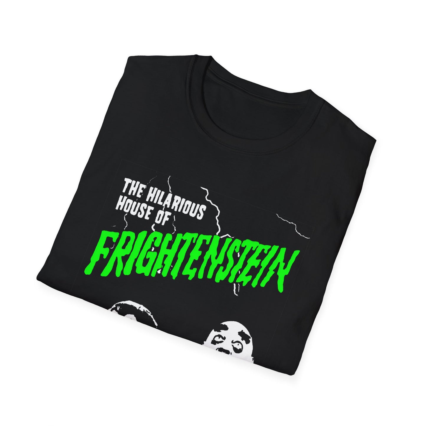 the hilarious house of frightenstein in green lettering tshirt