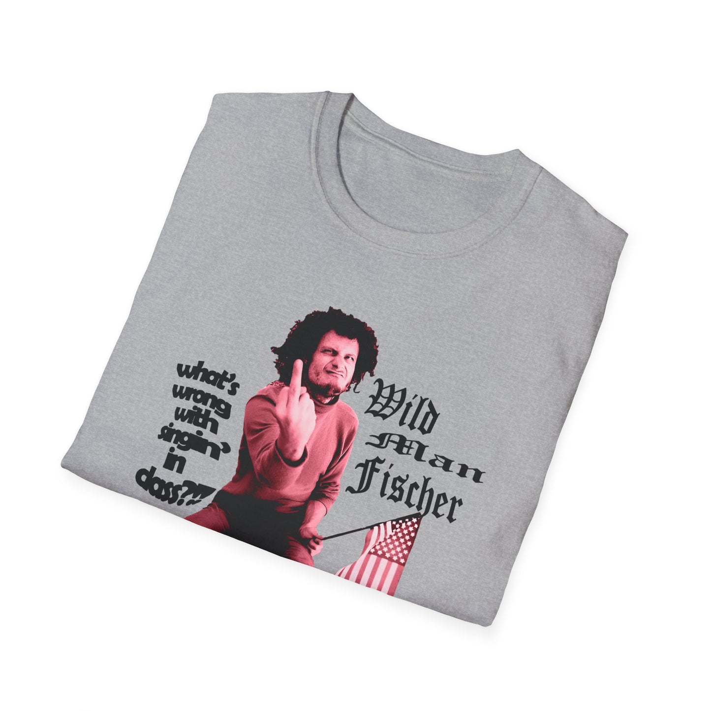 wild man fischer middle finger in red tshirt