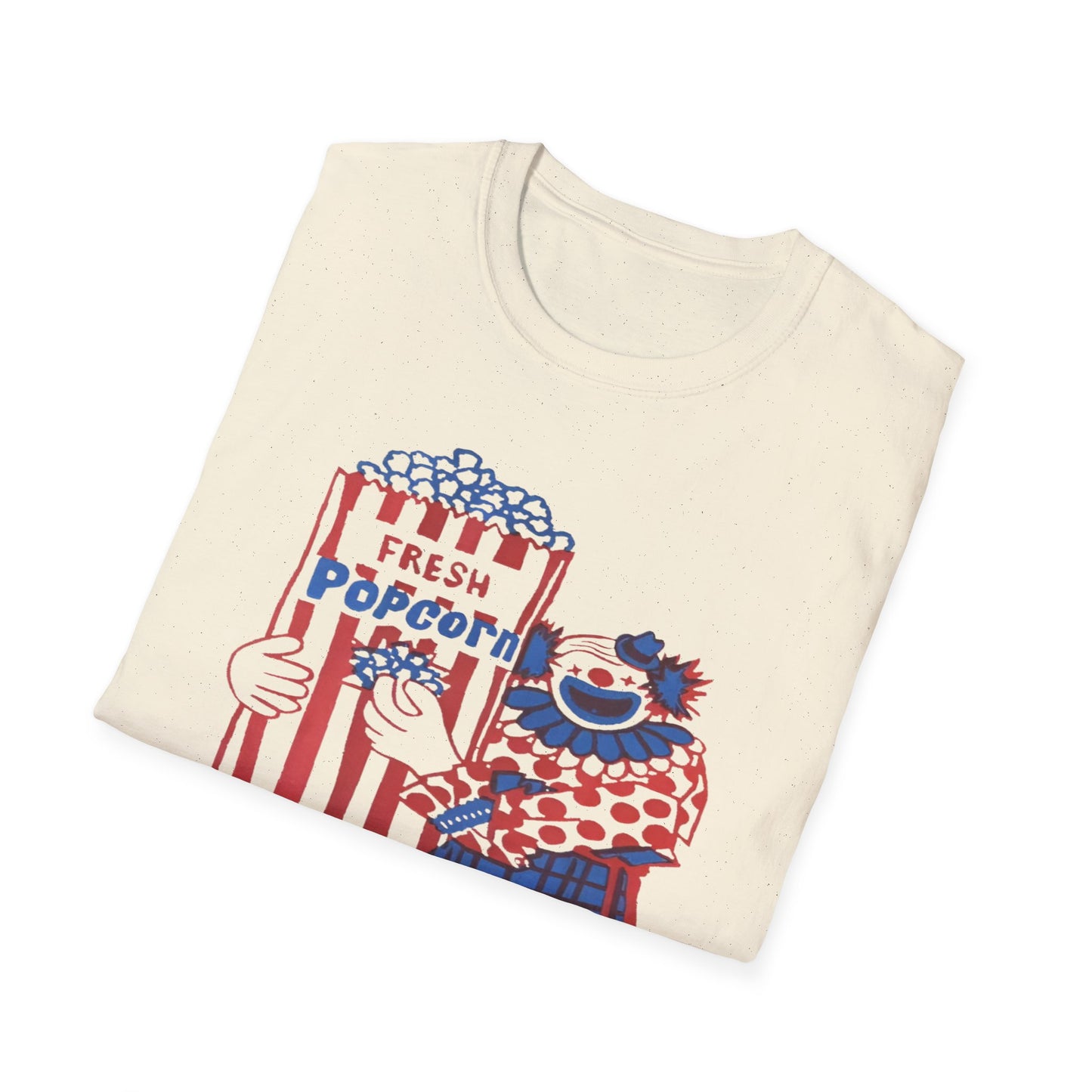 1960s popcorn box logo with a clown mascot tshirt