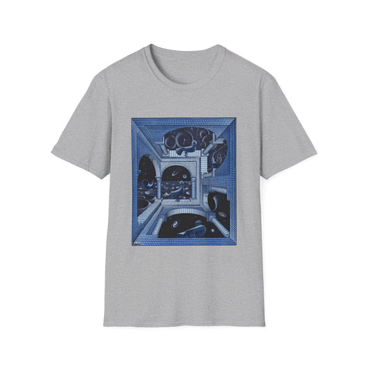 1947 m.c escher another world in blue tshirt