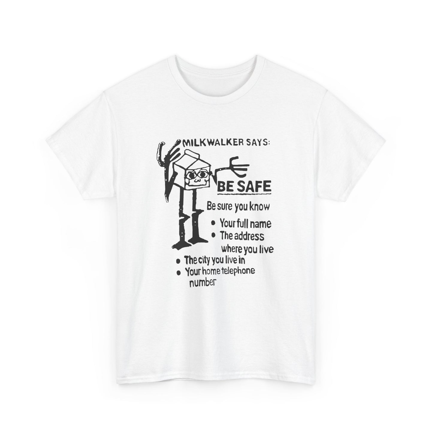 mid 80s darigold anthropomorphic milk carton safety message reproduction in black tshirt