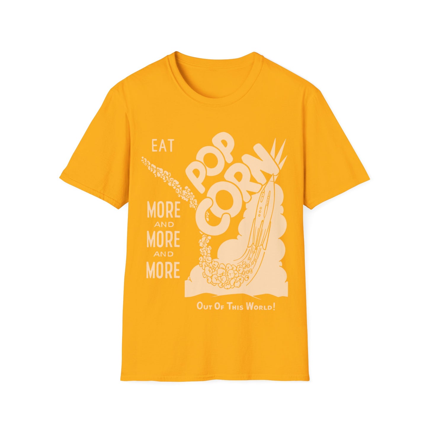 1950s popcorn box logo "eat popcorn more and more and more out of this world!" tshirt