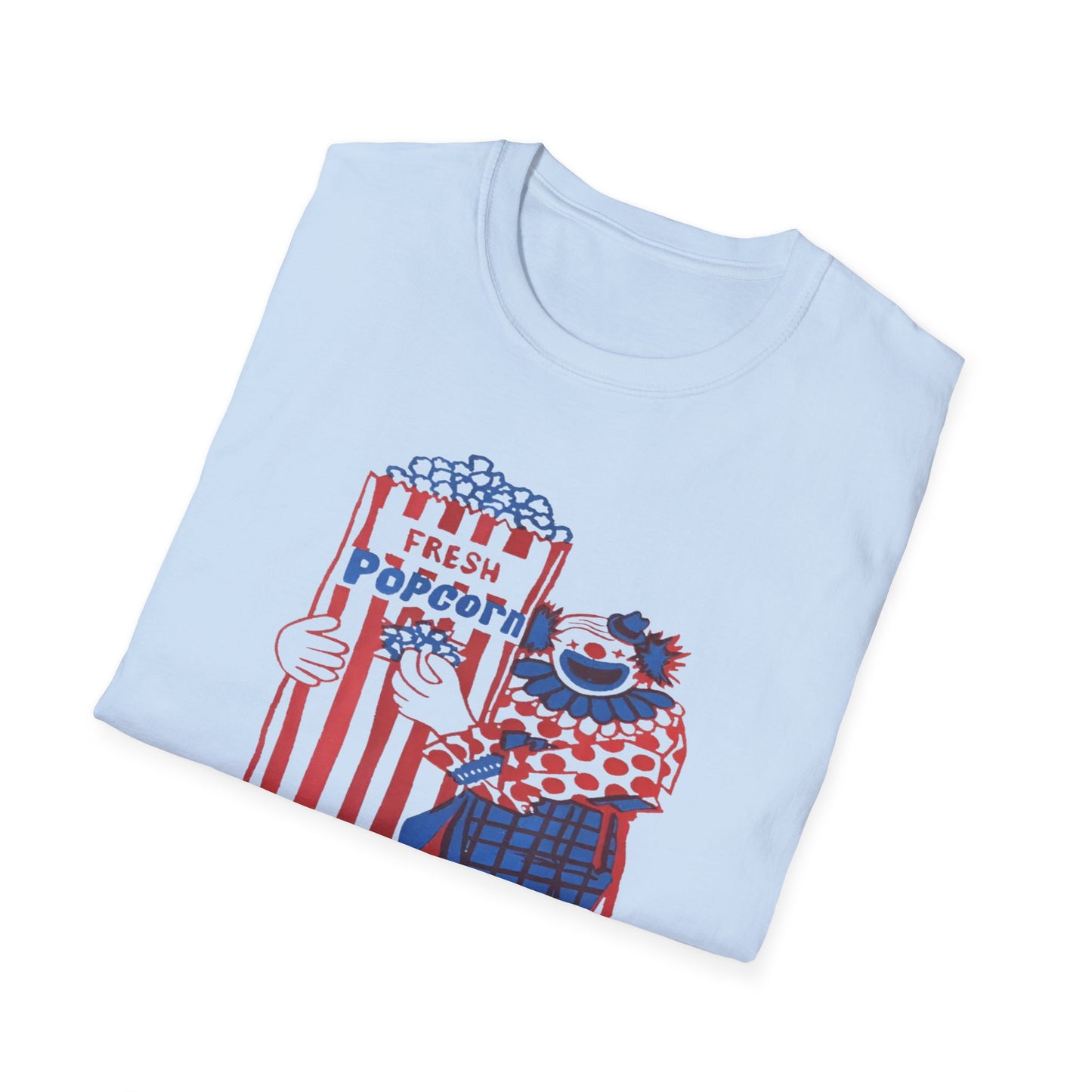 1960s popcorn box logo with a clown mascot tshirt