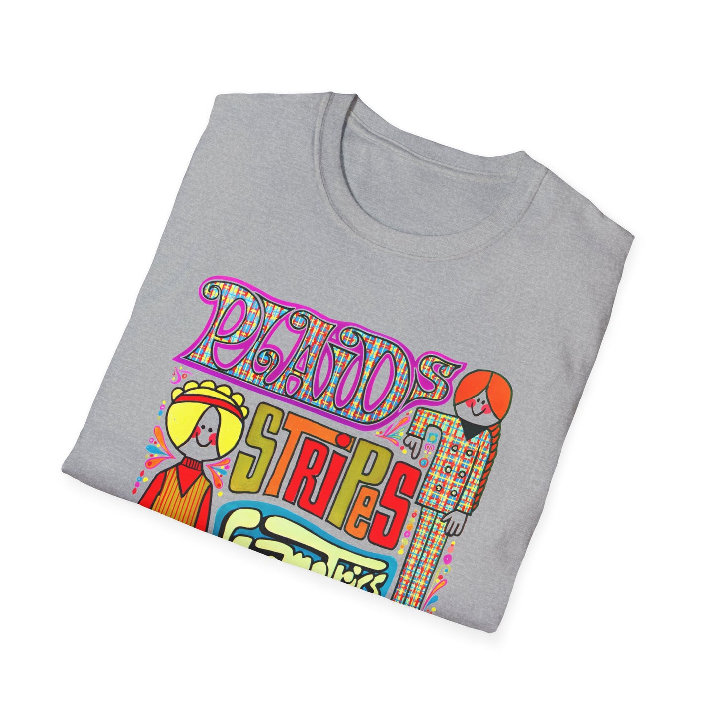 late 1960s fashion it's in advertisement for plaids, stripes, and geometrics tshirt