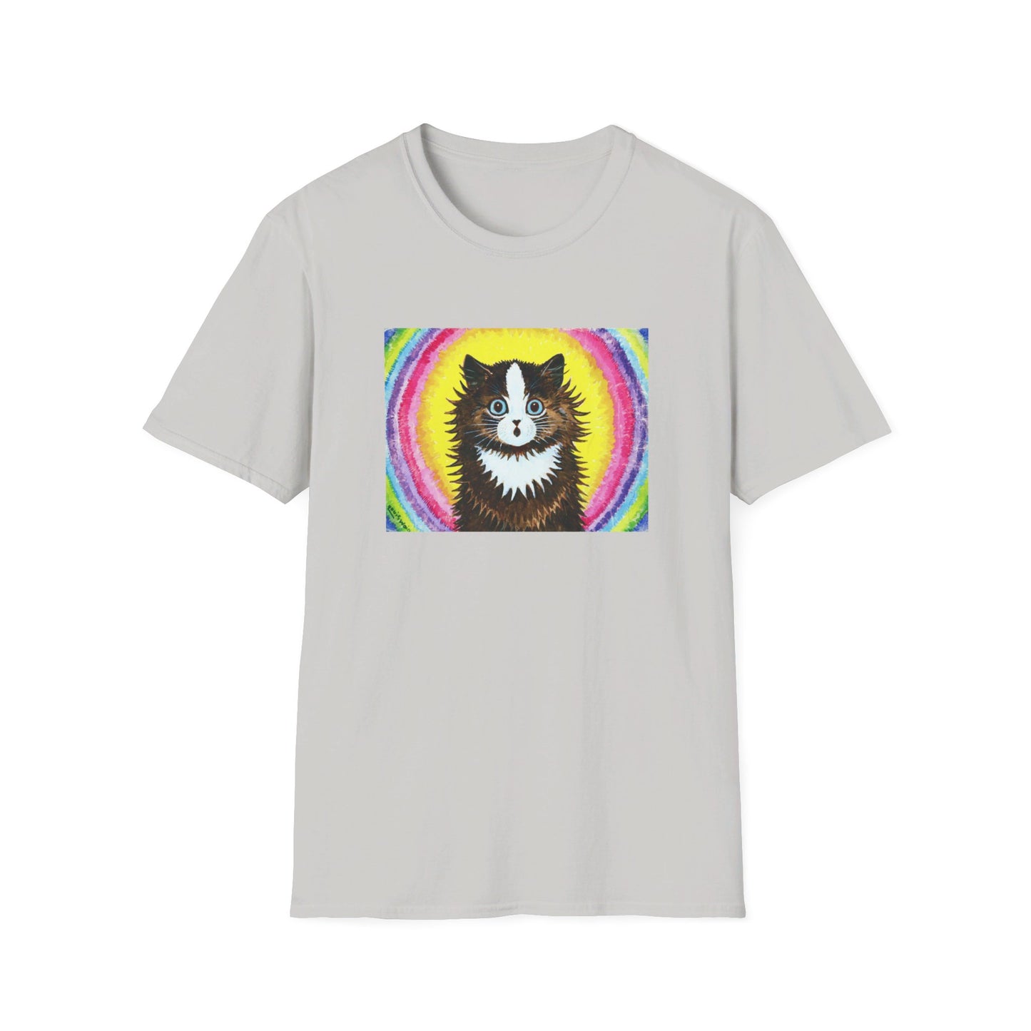 louis wain cat in a rainbow watercolour and gouache on paper reproduction tshirt